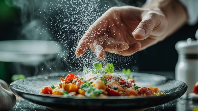 Chef espolvoreando sal sobre un plato gourmet